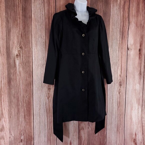 Lilly Pulitzer Size 4 Kelli Black Long Belted Trench Coat Jacket Ruffles Collar - Picture 4 of 16